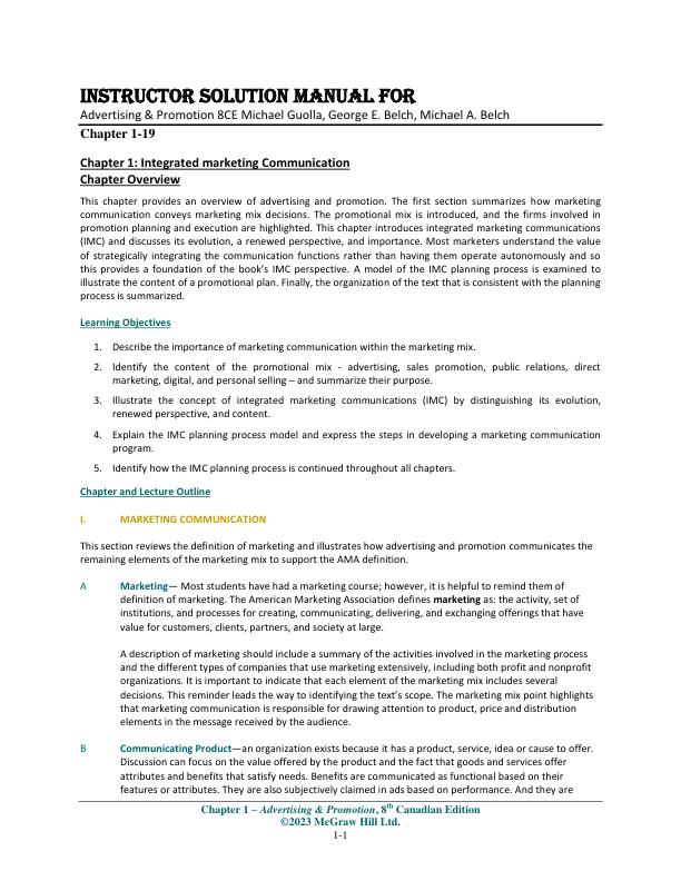 Instructor Solution Mnaual For Advertising & Promotion 8CE Michael Guolla, George E. Belch, Michael A. Belch Chapter(1-19)