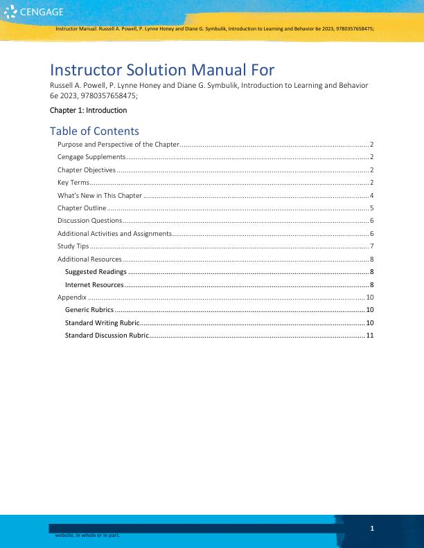 Instructor Manual For Introduction to Learning and Behavior 6th Edition by Russell A. PowellP. Lynne HoneyDiane G. Symbaluk Chapter(1-13)