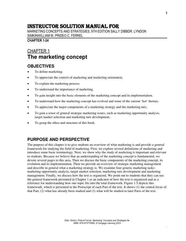 Instructor Solution Manual For Marketing Concepts and Strategies, 9th Edition Sally DibbDr. Lyndon SimkinWilliam M. PrideO.C. Ferrell Chapter(1-24)