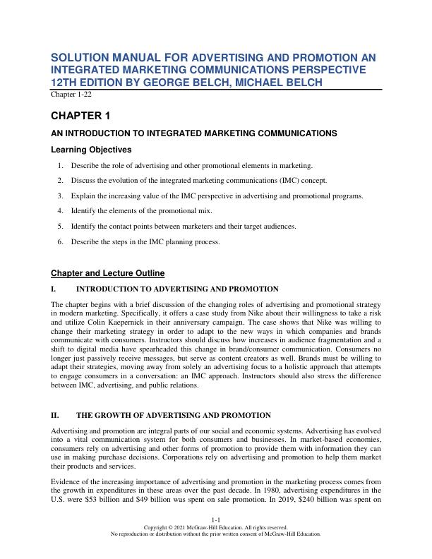 Solution Manual for Advertising and Promotion An Integrated Marketing Communications Perspective 12th Edition by George Belch (Author), Michael Belch (Author)