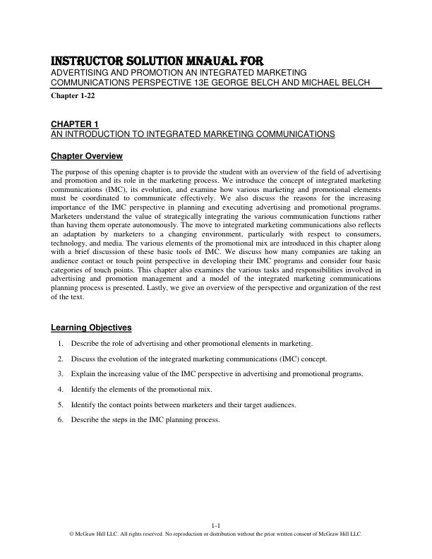 Instructor Solution Manual For Advertising and Promotion An Integrated Marketing Communications Perspective 13e George Belch and Michael Belch Chapter(1-22)