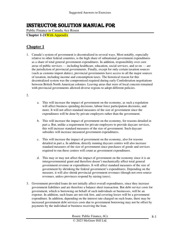 Instructor Solution Manual For Public Finance in Canada, 6ce Rosen Chapter(1-21)