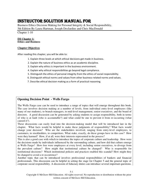 Solution Manual for Business Ethics Decision Making for Personal Integrity & Social Responsibility, 5th Edition By Laura Hartman, Joseph DesJardins and Chris MacDonald