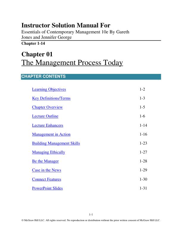 Instructor Solution Manual For Essentials of Contemporary Management 10e By Gareth Jones and Jennifer George Chapter(1-14)