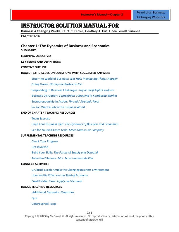 Instructor Manual For Business A Changing World 8CE O. C. Ferrell, Geoffrey A. Hirt, Linda Ferrell, Suzanne Chapter(1-14)