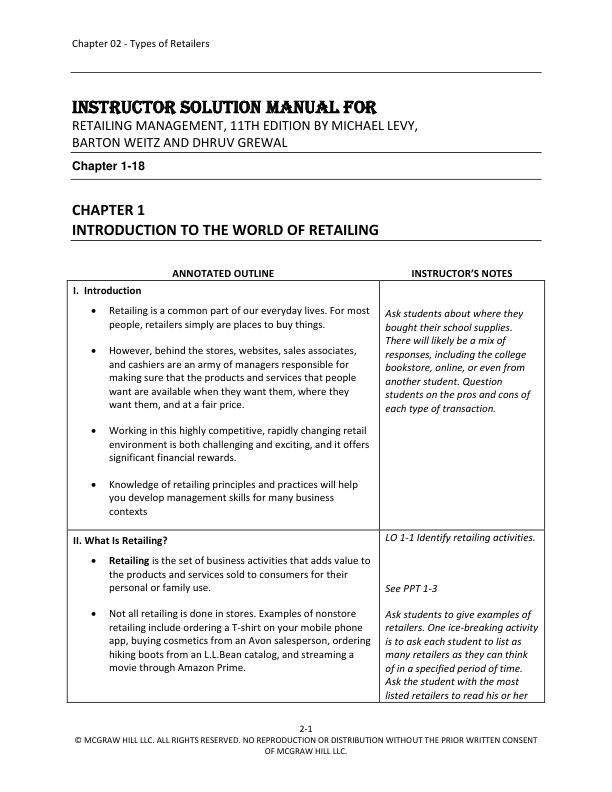 Solution Manual for Retailing Management, 11th Edition By Michael Levy, Barton Weitz and Dhruv Grewal