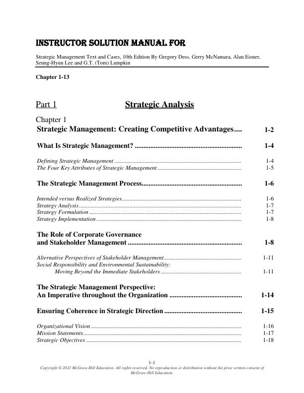Instructor Solution Manul For Strategic Management Text and Cases, 10th Edition By Gregory Dess, Gerry McNamara, Alan Eisner, Seung-Hyun Lee and G.T. (Tom) Lumpkin Chapter(1-13)