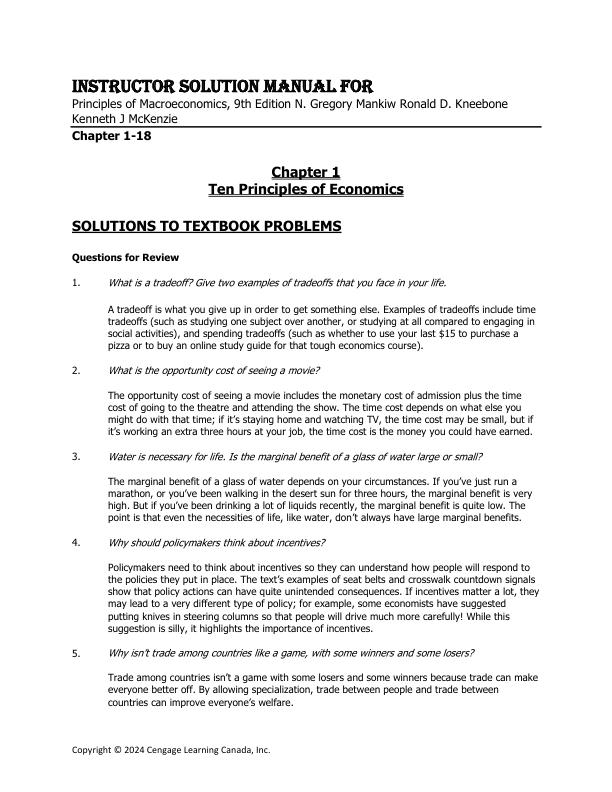 Instructor Solution Manual For Principles of Macroeconomics, 9th Edition N. Gregory MankiwRonald D. KneeboneKenneth J McKenzie Chapter(1-18)