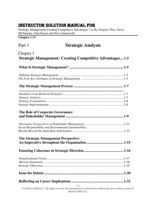Instructor Solution Manual For Strategic Management Creating Competitive Advantages 11e By Gregory Dess, Gerry McNamara, Alan Eisner and Steve Sauerwald