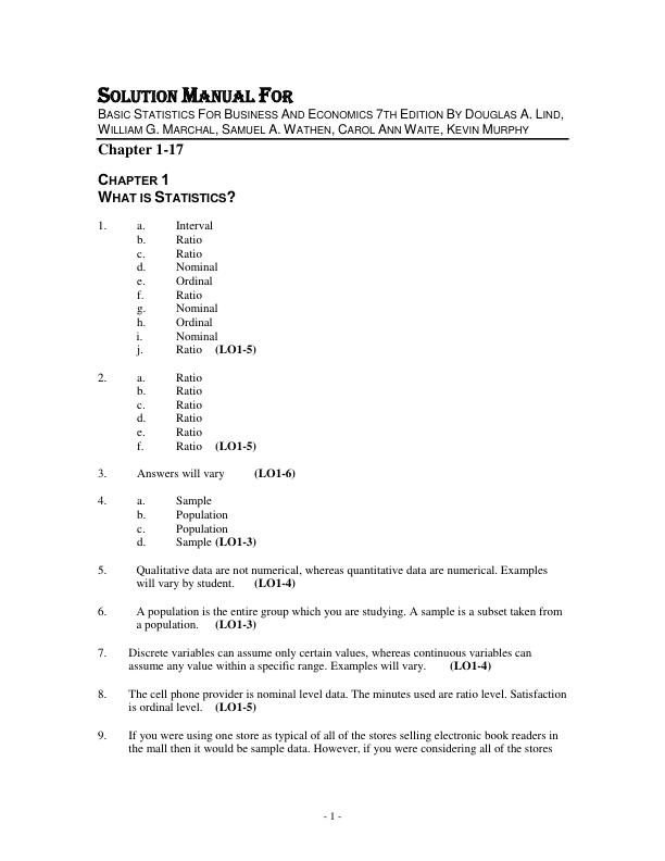 Solution Manual For Basic Statistics For Business And Economics 7th Edition By Douglas A. Lind, William G. Marchal, Samuel A. Wathen, Carol Ann Waite, Kevin Murphy
