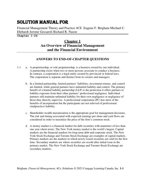 Solution Manual For Financial Management Theory and Practice 4CE  Eugene F. BrighamMichael C. EhrhardtJerome GessaroliRichard R. Nason Chapter(1-24)