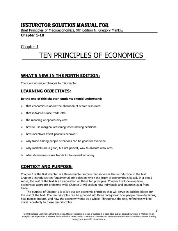 Instructor Solution Manual For Brief Principles of Macroeconomics, 9th Edition N. Gregory Mankiw Chapter(1-18)