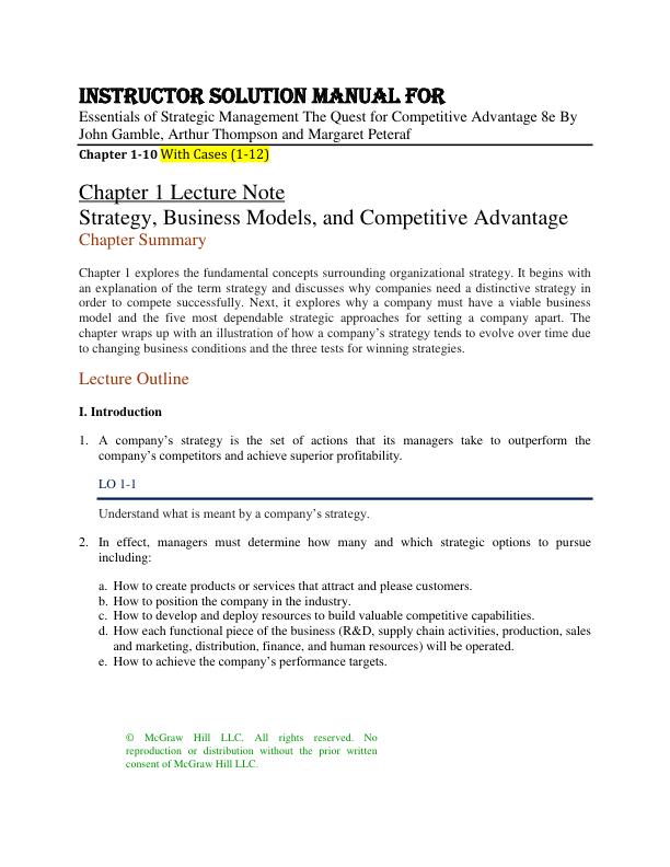 Instructor Solution Manual for Essentials of Strategic Management The Quest for Competitive Advantage 8e By John Gamble, Arthur Thompson and Margaret Peteraf