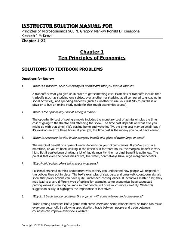 Instructor Solution Manual For Principles of Microeconomics 9CE N. Gregory MankiwRonald D. KneeboneKenneth J McKenzie Chapter(1-22)