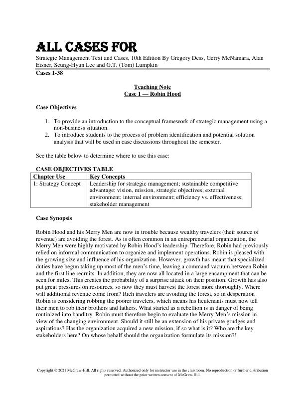 All Cases For Strategic Management Text and Cases, 10th Edition By Gregory Dess, Gerry McNamara, Alan Eisner, Seung-Hyun Lee and G.T. (Tom) Lumpkin Cases(1-38)