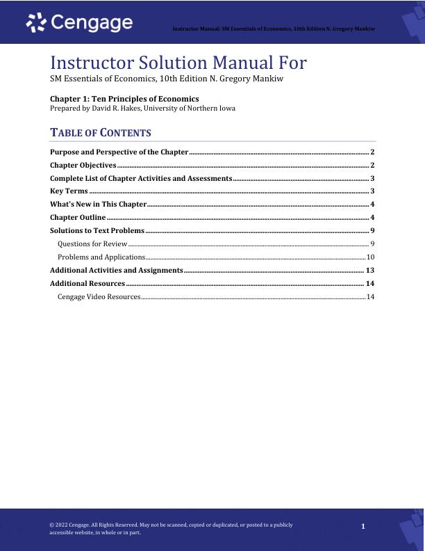 Instructor Solution Manual For Essentials of Economics, 10th Edition N. Gregory Mankiw Chapter(1-24)