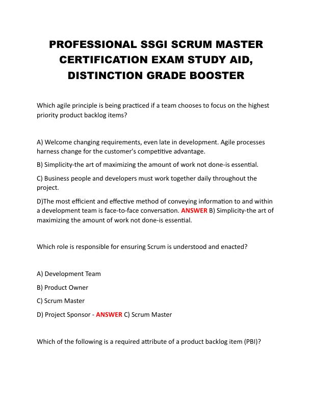 PROFESSIONAL SSGI SCRUM MASTER CERTIFICATION EXAM STUDY AID