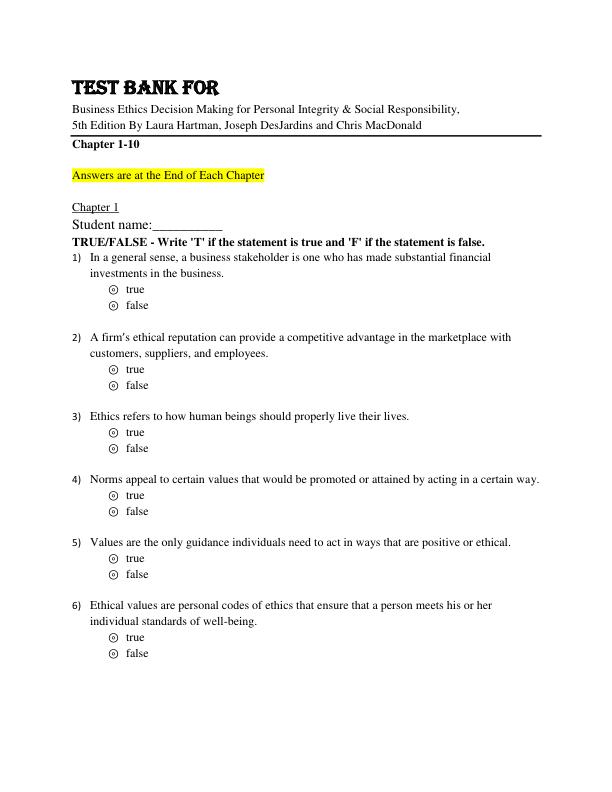 Test Bank For Business Ethics Decision Making for Personal Integrity & Social Responsibility, 5th Edition By Laura Hartman, Joseph Des Jardins and Chris MacDonald