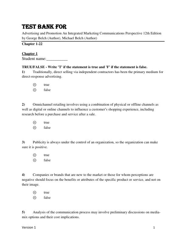 Test Bank For Advertising and Promotion An Integrated Marketing Communications Perspective 12th Edition by George Belch, Michael Belch