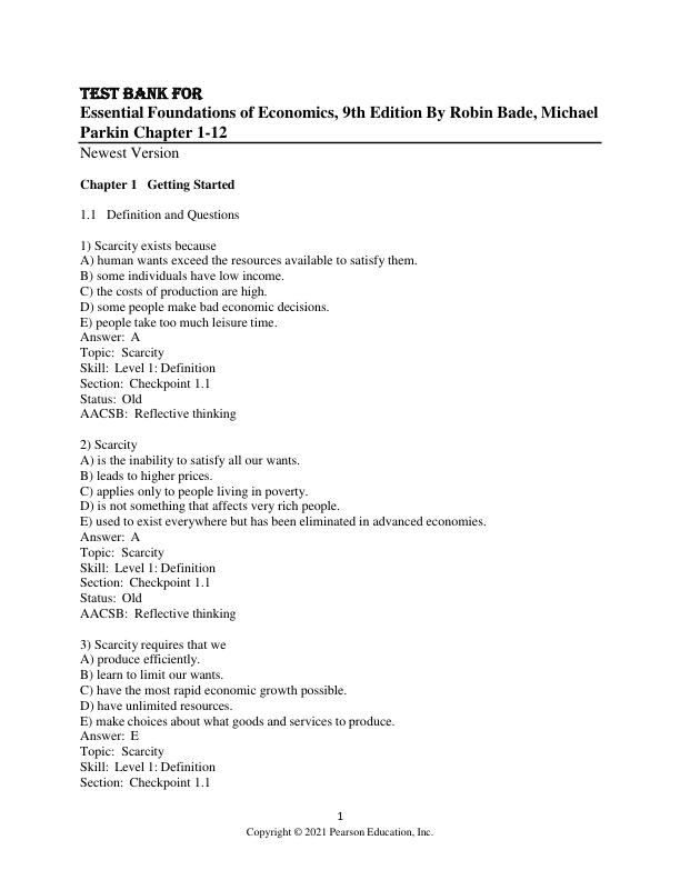 Test Bank for Foundations of Economics, 9th Edition By Robin Bade, Michael Parkin