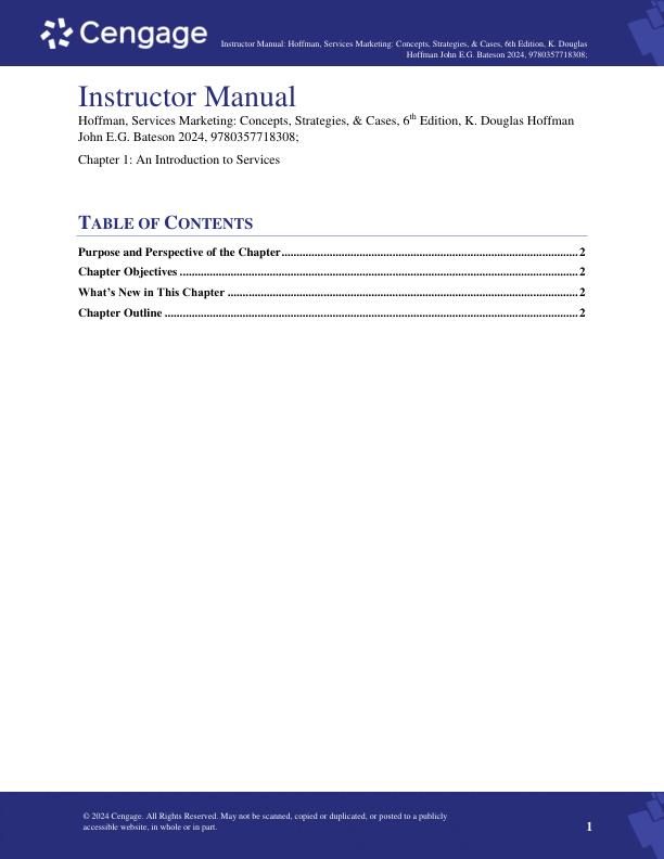 Solution Manual for Services Marketing Concepts, Strategies, & Cases, 6th Edition K. Douglas HoffmanJohn E.G. Bateson Chapter (1-15)