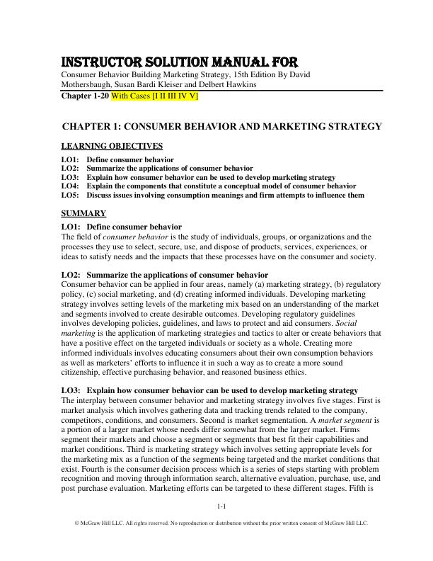 Solution Manual for Consumer Behavior Building Marketing Strategy, 15th Edition By David Mothersbaugh, Susan Bardi Kleiser and Delbert Hawkins