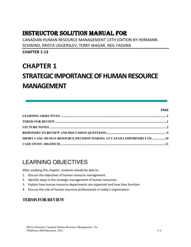 Solution Manual For Canadian Human Resource Management 13th Edition By Hermann Schwind, Krista Uggerslev, Terry Wagar, Neil Fassina
