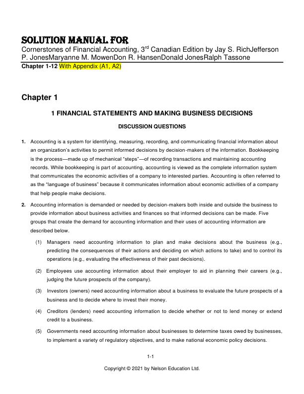 Solution Manual for Cornerstones of Financial Accounting, 3rd Canadian Edition by Jay S. RichJefferson P. JonesMaryanne M. MowenDon R. HansenDonald JonesRalph Tassone