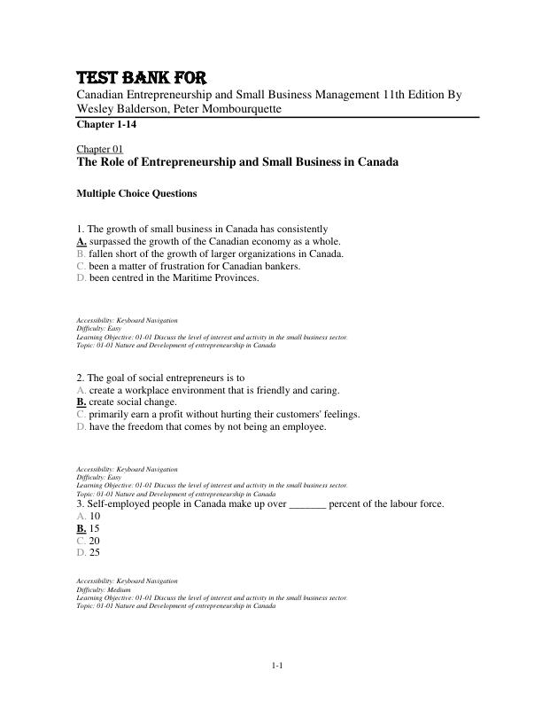 Test Bank For Canadian Entrepreneurship and Small Business Management 11th Edition By Wesley Balderson, Peter Mombourquette