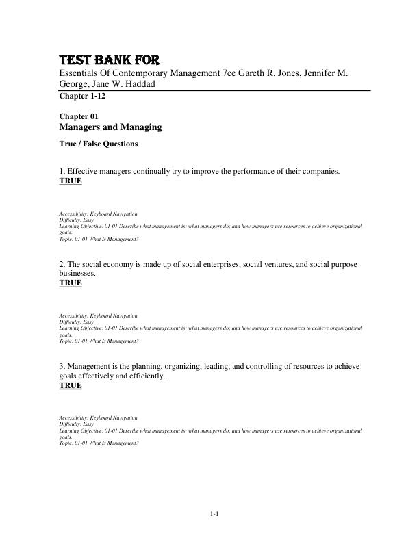 Test Bank for Essentials Of Contemporary Management 7th Canadian Edition by Gareth R. Jones, Jennifer M. George, Jane W. Haddad