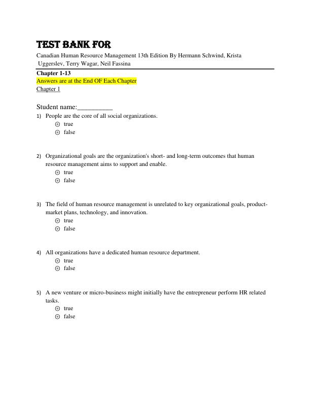 Test Bank For Canadian Human Resource Management 13th Edition By Hermann Schwind, Krista Uggerslev, Terry Wagar, Neil Fassina
