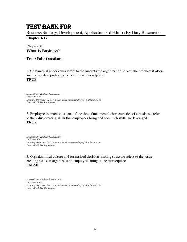 Test Bank for Business Strategy, Development, Application 3rd Edition By Gary Bissonette