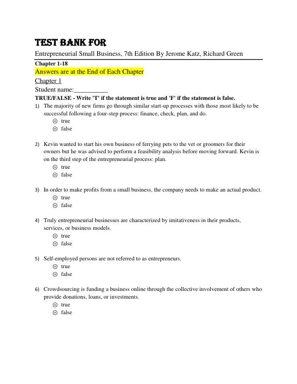 Test Bank for Entrepreneurial Small Business, 7th Edition By Jerome Katz, Richard Green