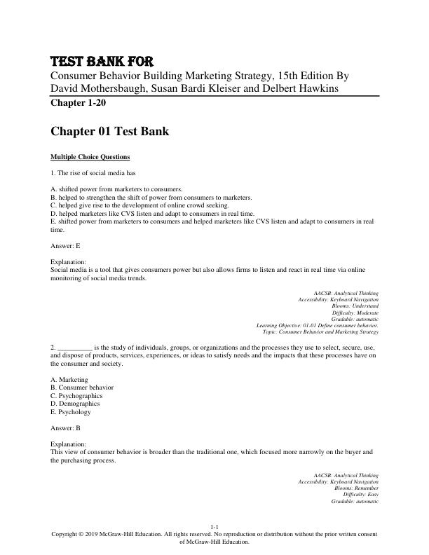 Test Bank for Consumer Behavior Building Marketing Strategy, 15th Edition By David Mothersbaugh, Susan Bardi Kleiser and Delbert Hawkins