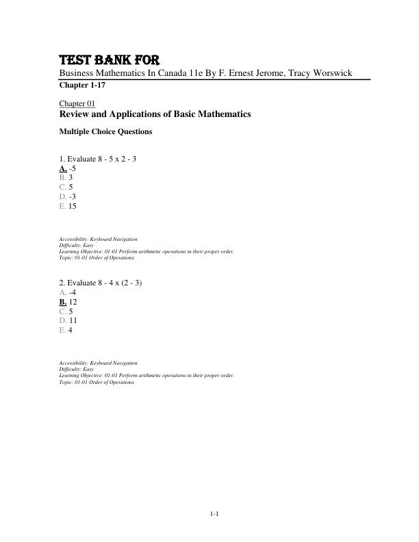 Test Bank for Business Mathematics In Canada 11th Edition By F. Ernest Jerome, Tracy Worswick