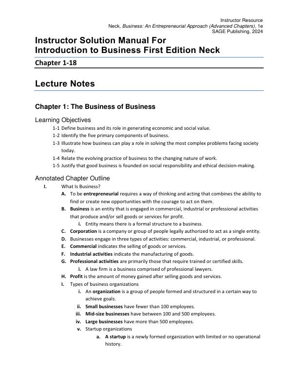 Instructor Solution Manual For Introduction to Business First Edition Neck Chapter(1-18)
