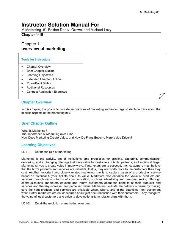 Instructor Solution Manual For M Marketing  8th Edition by Dhruv Grewal and Michael Levy Chapter(1-19)