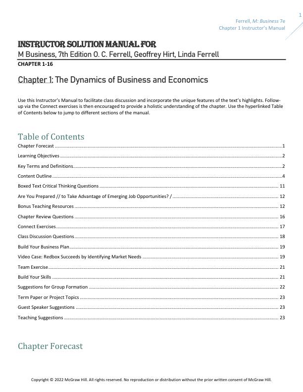 Instructor Solution Manual For M Business, 7th Edition O. C. Ferrell, Geoffrey Hirt, Linda Ferrell Chapter(1-16)