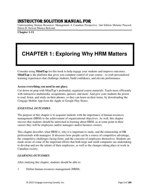 Instructor Solution Manual For Understanding Human Resources Management A Canadian Perspective, 2nd Edition Melanie PeacockEileen B. StewartMonica Belcourt Chapter(1-11)